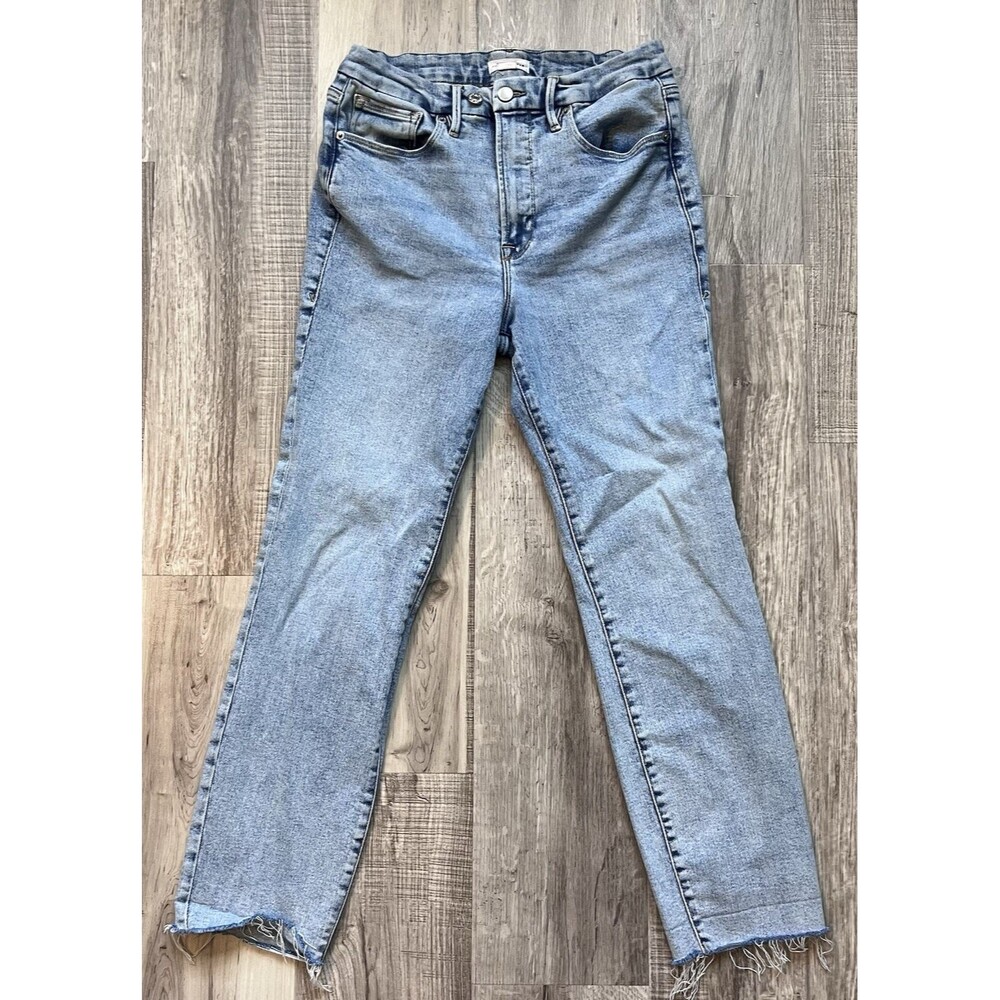 Good American "Good Classic" 8/29 Lt. Blue High Rise Slim Straight Raw Hem Jeans